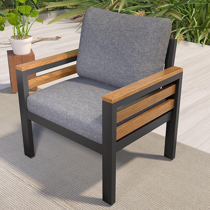 4-Piece Outdoor Patio Furniture Sectional Sofa Set with Acacia Wood Armrests, All-Weather Conversation Set with Removable Cushion and Solid Wood Coffee Table for Garden Backyard (Grey-TH)