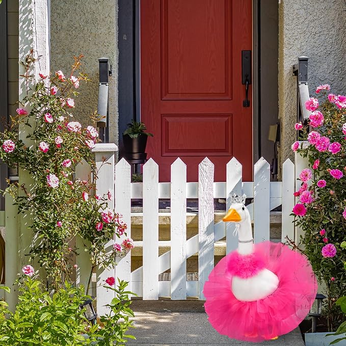 4 Pcs Princess Porch Goose Outfit for 23" 17" Cement Lawn Goose Costume Crown Necklace Tutu Skirt Feather Trim(Rose Red)