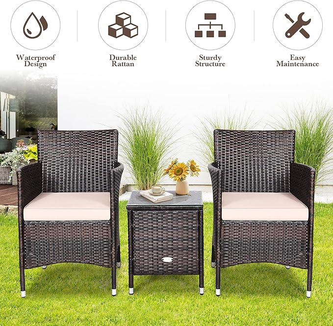Tangkula Patio Furniture Set 3 Piece, Outdoor Wicker Rattan Conversation Set with Coffee Table, Chairs & Thick Cushions, Suitable for Patio Garden Lawn Backyard Pool (Off-White)