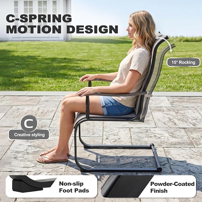 NUU GARDEN 5-Piece Outdoor Dining Set, Grayish Brown C-Spring Chairs | 37" square metal table with umbrella hole, 4 C-spring motion textilene chairs with stylish wood-grain armrests