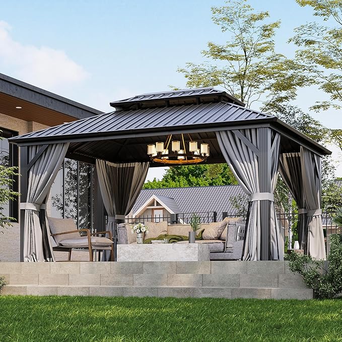 12x16FT Hardtop Gazebo, Metal Frame with Double Galvanized Steel Roof, Permanent Outdoor Pergola with Curtains and Netting Included for Backyard, Patio, Lawn and Garden, Gray