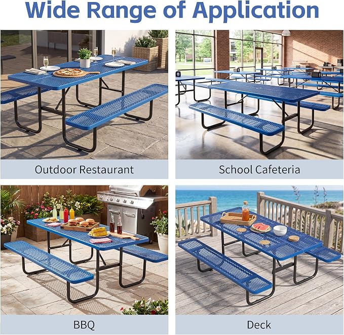 72" Outdoor Rectangular Picnic Table with Umbrella Hole, Heavy Duty Commercial Grade Steel Camping Table for Backyard Patio Deck, Weather-Resistant Blue Metal Mesh