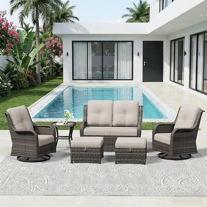 6 Piece Outdoor Wicker Patio Furniture Set, Outdoor Swivel Rocker Patio Chairs Set with Thickened Olefin Cushions, High Back and Deep Seating, Hand-Woven PE Rattan for Porch, Deck