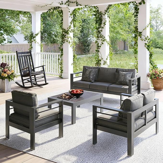 Patio Conversation Sets, Aluminum Outdoor Couch with Outdoor Coffee Table, All-Weather Metal Patio Couch with 5" Thick and Soft Cushion and Wide Arm, Outdoor Sofa Sets for Balcony, Porch, Dark Gray