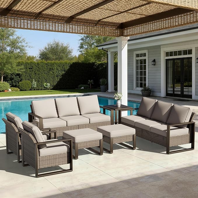 Joyside Outdoor Patio Chairs, 7 Pieces Wicker Rattan Furniture Set, 2 Patio Chairs, 2 Sofa, 2 Ottoman and 1 Table, Metal Wide Armrest, Thick Cushions and Deep Seating for Garden, Backyard, Porch