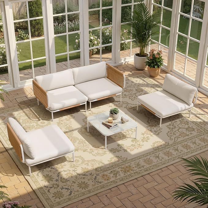 5-Piece Modern Outdoor Sectional Sofa with Coffee Table - 31" Deep Seating Patio Conversation Set, Weather-Resistant Low-Profile 11" Seat Height Lounge Seats for Deck, Porch & Backyard, Beige