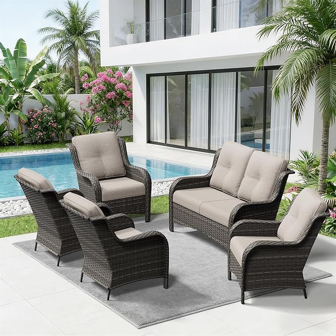 5 Piece Outdoor Wicker Patio Furniture Set, Patio Chairs Set with Thickened Olefin Cushions, High Back and Deep Seating, Hand-Woven PE Rattan for Porch, Deck