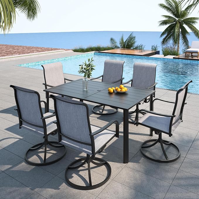 Patio 29" Heigh Rectangle Table Gray Swivel Chair Outdoor Dining Set 7 Sty2 | 63"x38" Metal Table, 29" Heigh Table Top,All Weather; 6 Piece Swivel Chairs: High Back,Retro Armrest,Textilene Fabric,Rocking