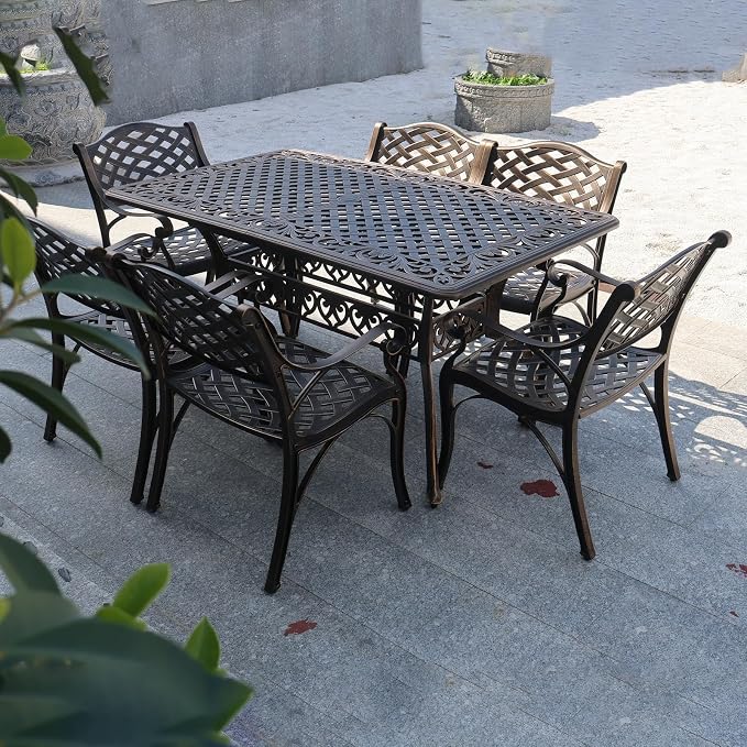 7 Piece Outdoor Dining Set, Cast Aluminum Patio Dining Set for 6 Person, Patio Furniture Set with 59" Rectangle Patio Table(2.56" Umbrella Hole) and 6 Chairs