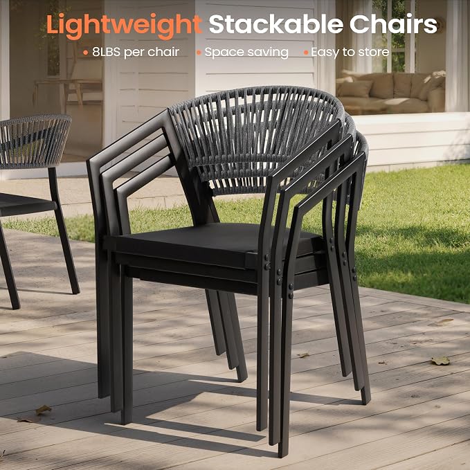 Pellebant Outdoor Patio Dining Chairs, Aluminum Frame with Breathable Twist Wicker Backrest – Stackable for Porch, Lawn & Deck(Gray)