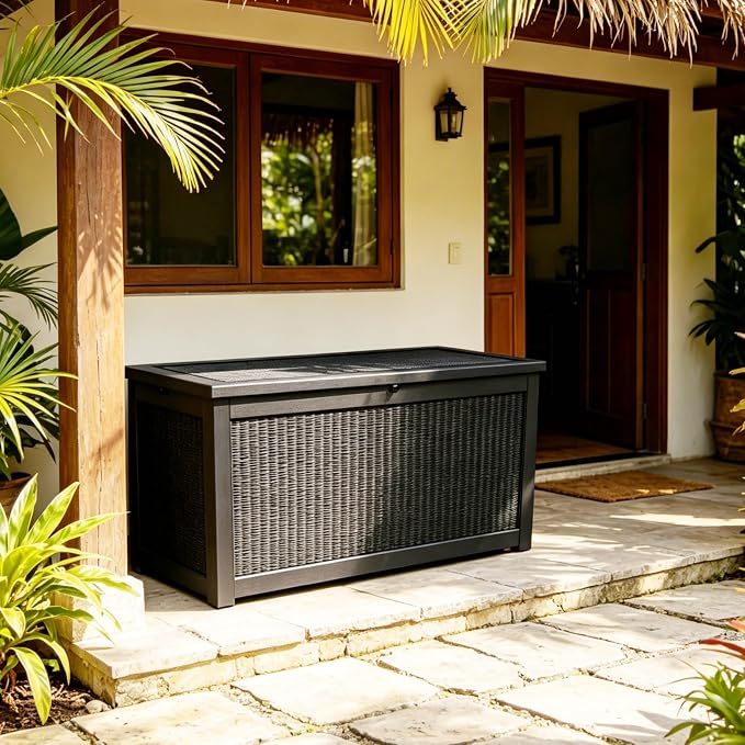MAKINO 317 Gallon Large Resin Outdoor Storage Box, Waterproof Deck Box, Lockable Deck Container with Reinforced Support, Outdoor Chest for Patio Accessories, Outdoor Cushions, Garden Tools, Black