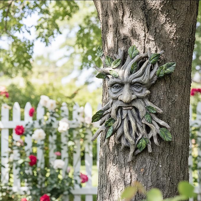 13.2" Real Tree Face Hugger Statue, Resin Elves Sculpture with Foliage Features, Large Outdoor Tree Hugger for Yard Art, Halloween Trees Decorations Outdoor Wall Mounted Statue