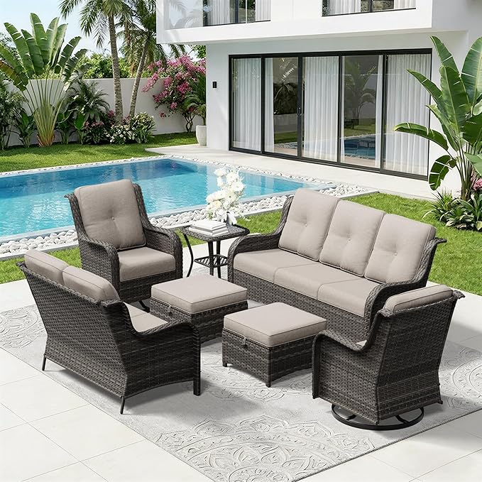7 Piece Outdoor Wicker Patio Furniture Set, Outdoor Swivel Rocker Patio Chairs Set with Thickened Olefin Cushions, High Back and Deep Seating, Hand-Woven PE Rattan for Porch, Deck