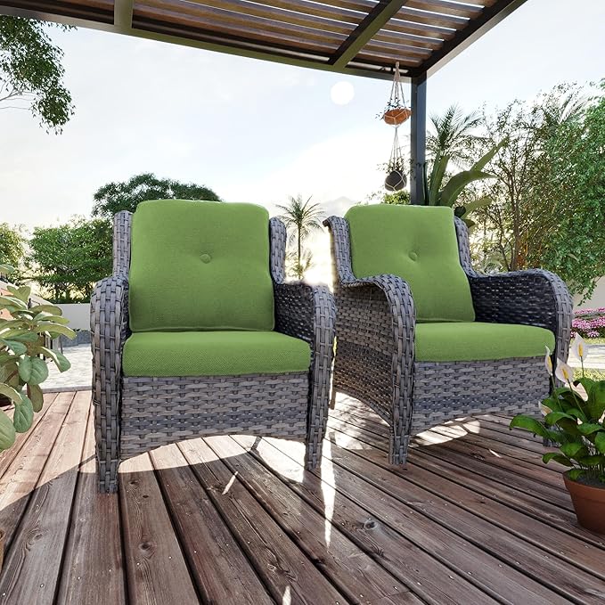 Outdoor Wicker Chair Rattan Patio Dining Chairs Set of 6 PE Wicker Patio Chairs with 4 inch Seat Cushions Patio Seating Chair for Garden, Backyard Swimming Pool, Balcony, Green