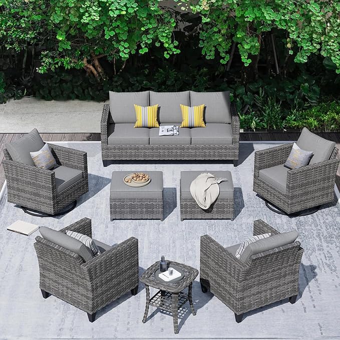 HOOOWOOO Wicker Patio Conversation Sets,8 Piece Outdoor Furniture Set with Swivel Rocking Chairs,All Weather Resistant Modern Outside Out Door Rattan Couch Chairs Side Table Set,Charcoal Gray