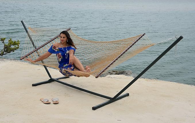Island Escape Rope Hammock and Stand Set (Mocha Stand and Tan Hammock)