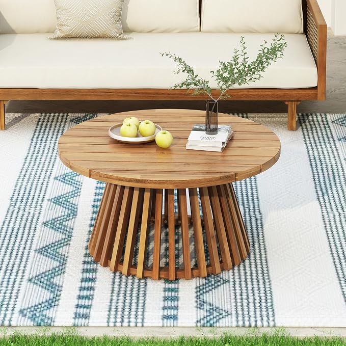 Merax Outdoor Acacia Wood Conversation Set - Patio 3-Seat Loveseat Sofa w/Coushion and Round Coffee Table for Backyard, Lawn, Balcony, Teak+Dark Gray