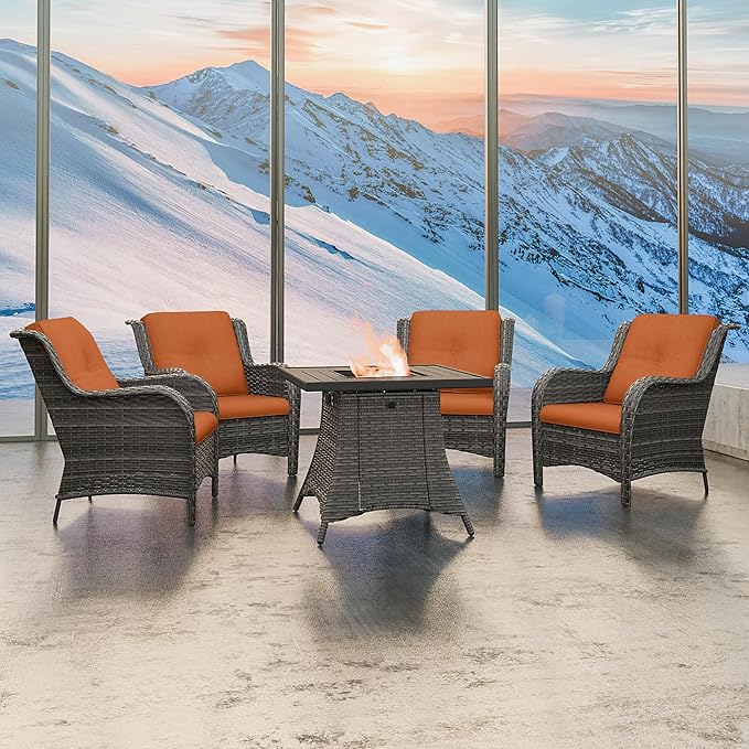 5 Pcs Patio Furniture Set with Fire Table-31'' Fire Pit Table, 4 Outdoor Rattan Wicker Conversation Chairs (4 Fixed Chairs) (Orange)