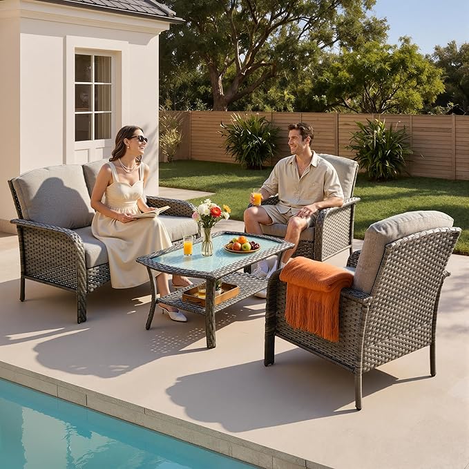 4-Piece Patio Furniture Set, Outdoor Wicker Furniture with Coffee Table, All Weather High Back Loveseat Patio Chairs, Modern Rattan Outdoor Chairs Conversation Set for Porch, Balcony, Garden,Dark Gray