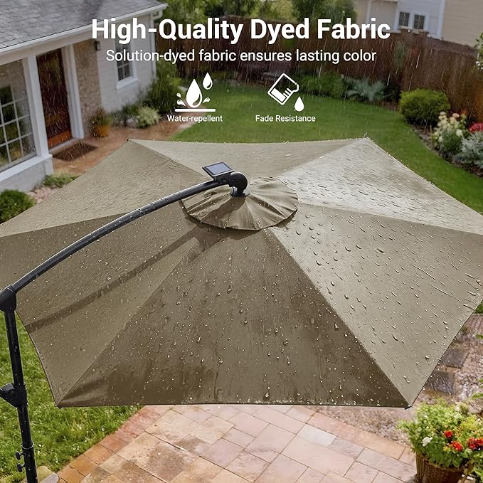 10ft Offset Patio Umbrella with Solar Light Strips,Outdoor Cantilever Hanging Umbrella with Cross Base, Fade Resistant Recycled Fabric, for Pool, Deck, Garden,Backyard,