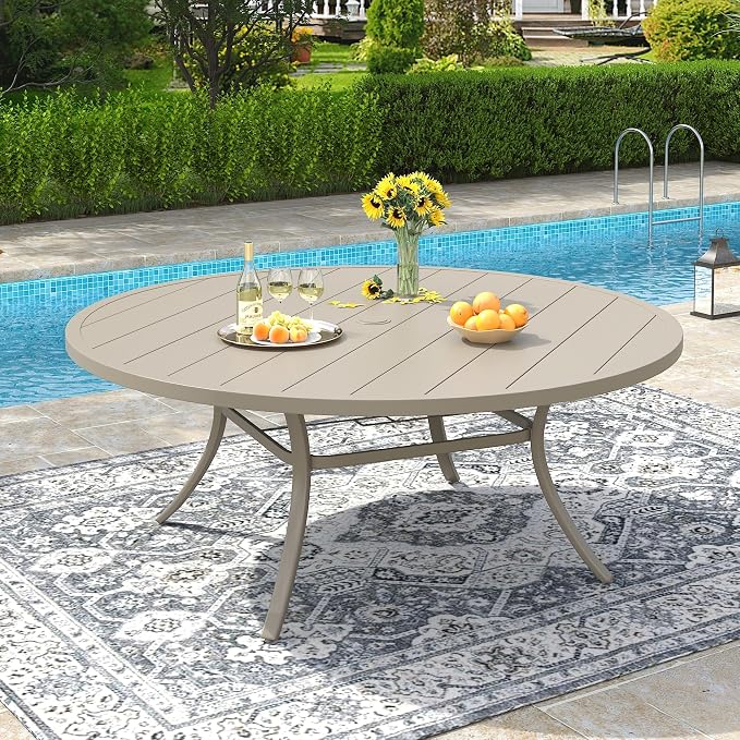 VICLLAX 60" Outdoor Round Patio Dining Table for 8-10, All Weather Metal Dining Table with Umbrella Hole for Deck Lawn Garden Backyard, Sandshell