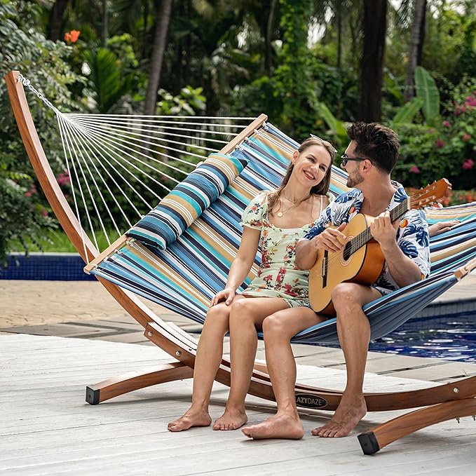 Lazy Daze Hammocks 2 Person Double Quilted Fabric Hammock with Spreader Bar, Detachable Pillow, Side Pocket, Carabiners, Chains, Straps for Outdoor, 450lbs Capacity, Beach Stripes
