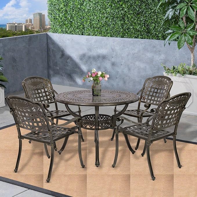 5-Piece Outdoor Patio Dining Set, All-Weather Cast Aluminum Furniture Conversation Set, Include 4 Chairs and a 38.5” Round Table with Umbrella Hole for Balcony, Lawn, Garden