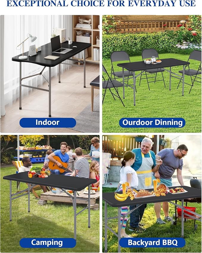 2 Pack 4FT Black Folding Table for Outdoor, 4 Foot Picnic Tables No Assembly Required Portable, Black Foldable Table for Camping, Parties, Meeting, Events, Wedding, with Carrying Handle