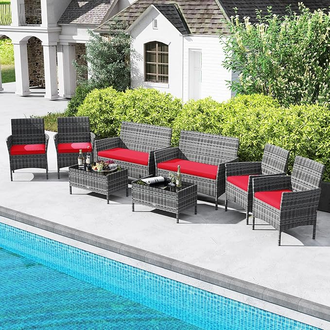 Tangkula 4 Pieces Patio Rattan Conversation Set, Outdoor Wicker Furniture Set with Cushioned Chair, Loveseat & Tempered Glass Table, Outside Sectional Sofa Set for Backyard (G-red,1)