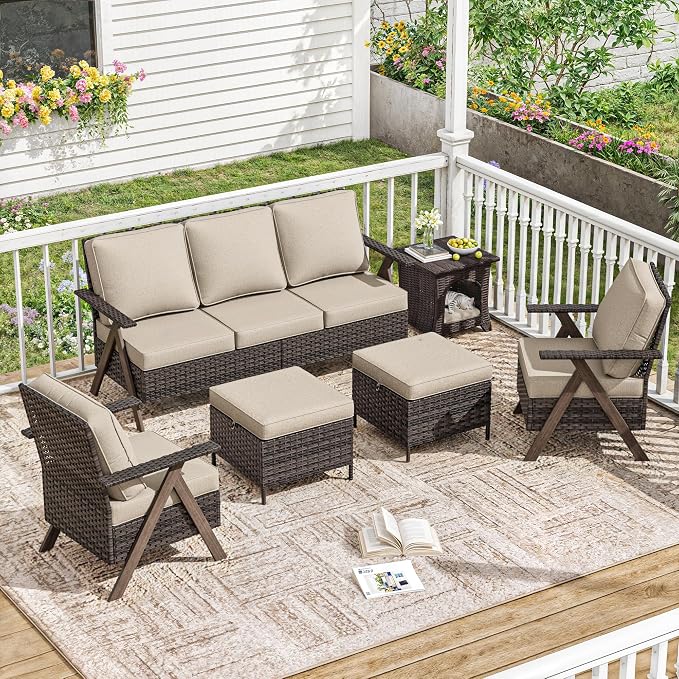 6 Piece Patio Furniture Set, Wicker Patio Conversation Set with Patio Chair and Outdoor 3-Seater Sofa and 2 Ottomans and Side Table for Deck Yard and Poolside