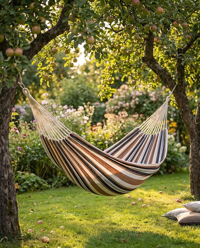 Canvas Hammock 122" Long X 59" Wide 2 Person Hammock 440 pounds Maximum Weight Applicable Scenes in Courtyard Autumn, Indoor Hanging Chairs, Beach Leisure (Black White, Full)