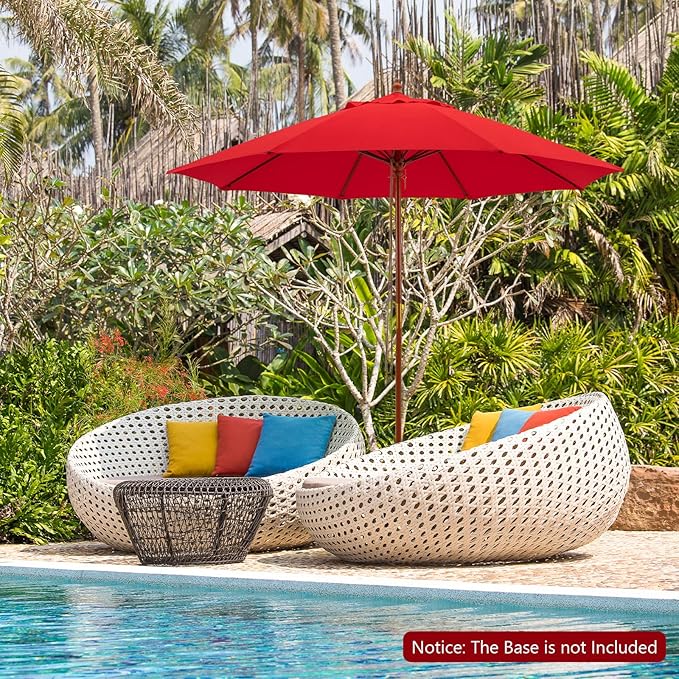 Tangkula 9.5 FT Red Wooden Pulley Umbrella with 8 Fiberglass Ribs, Rope Pulley Mechanism, and Vented Canopy for Patio, Deck, Poolside, Garden, Lawn, Terrace
