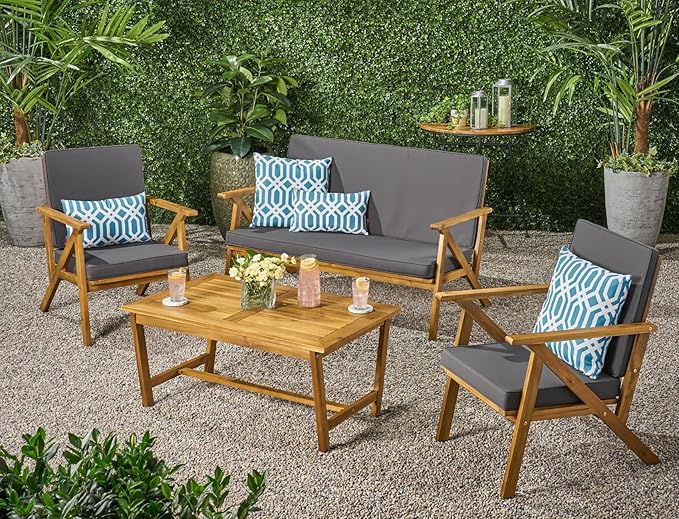 Merax 4 Piece Acacia Wood Patio Conversation Table and Chairs Furniture Sets, Outdoor Dining Couch Sofa for Porch Deck Backyard Lawn Balcony Bistro, Brown Grey