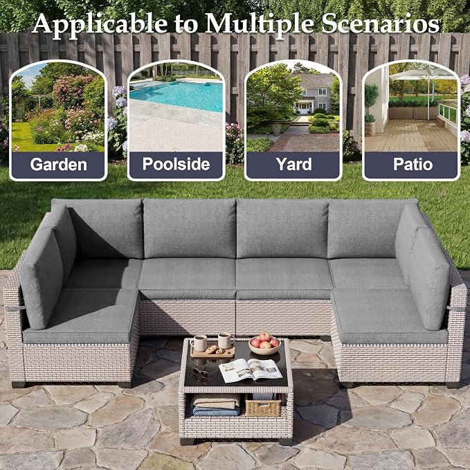 Patio Furniture Set, 7-Piece Outdoor Sectional Sofa with 2-Layer Glass Coffee Table, Wicker Patio Conversation Set with Gray Cushions for Backyard, Poolside, Porch