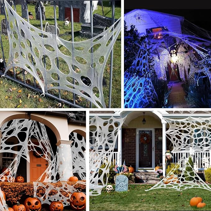 1200 Sqft (After Streched with Holes) Uncut Giant Spider Web Halloween Decorations Outdoor with 10 Ground Nails Stretchy Beef Cloth Netting Cut-Your-Own Flexible Elastic for Yard Party Decor