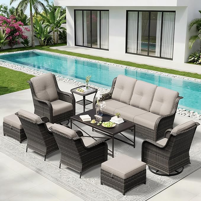 9 Piece Outdoor Wicker Patio Furniture Set, Patio Chairs Set with Thickened Olefin Cushions, High Back and Deep Seating, Hand-Woven PE Rattan, Ottoman for Porch, Deck