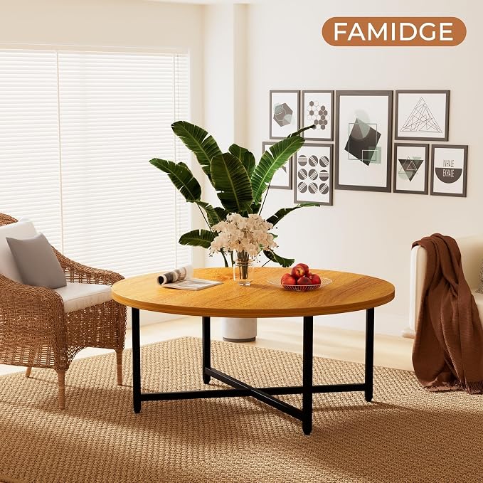 FAMIDGE Coffee Table, 31.5" Large Round Coffee Table for Living Room, Center Tables for Family & Office Use, Outdoor Coffee Table Round, Oak Brown(31.5" D x 17.7" H)