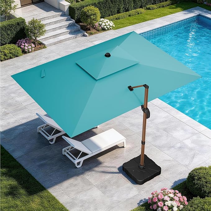 GENTEACO 10x13FT Wood Pattern Cantilever Patio Umbrella, Double Top Rectangle Offset Umbrella 7 Angle Tilts & 360° Rotation, Large Heavy Duty Outdoor Sun Umbrella for Pool Market, Turquoise Blue