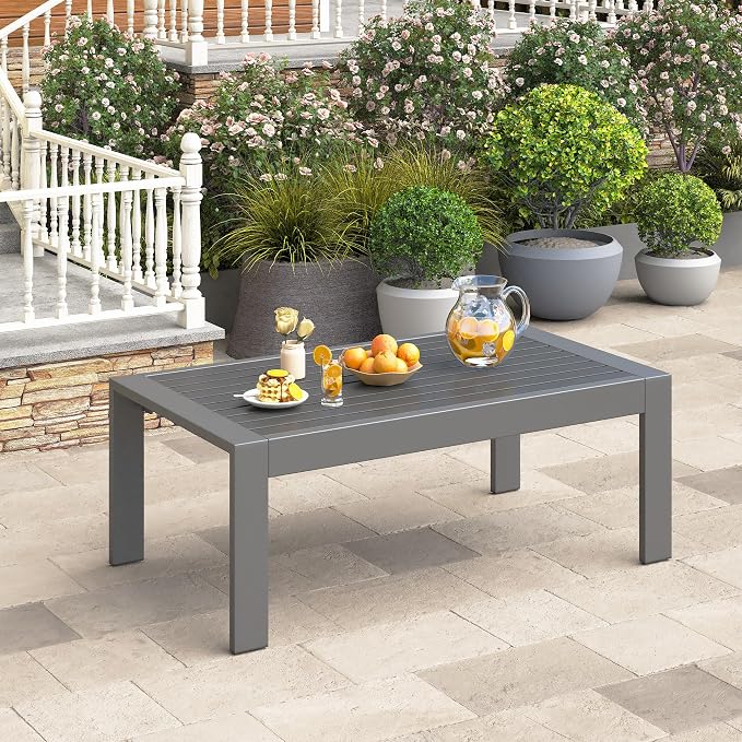 Wisteria Lane Outdoor Furniture Patio Coffee Table, Rectangle Outdoor Coffee Table, All-Weather Patio Metal Coffee Table for Balcony, Garden, Deck, Backyard, Grey