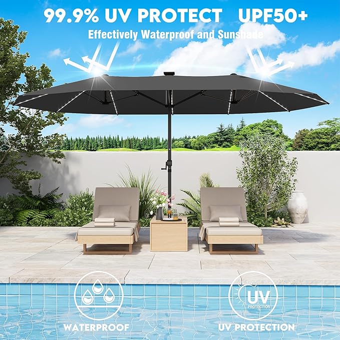 GDPFN 15ft Large Patio Umbrella with Solar Lights, Outdoor Double-Side Rectangular Umbrella, Backyard Pool Umbrella with LED Light for Deck, Outside, Market, Dark Gray (Base Not Include)