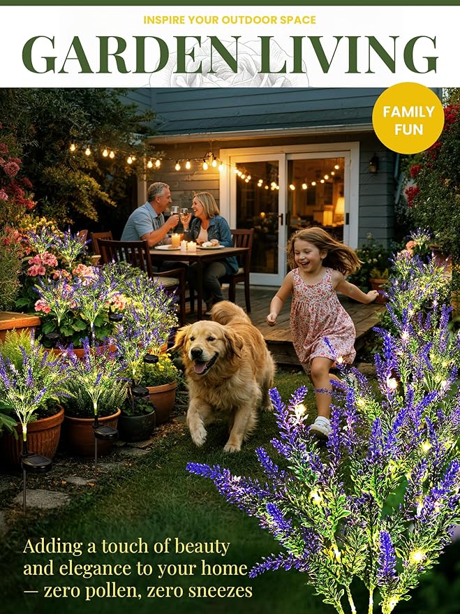 GIGALUMI Solar Garden Lights with Lavender, LED Garden Decor Carefree Solar Flowers Outdoor Waterproof, Yard Decorations Outdoor, Allergy-Free Everlasting Light up Flowers for Yard Patio (Set of 2)