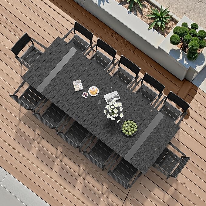 Pellebant 13 Piece Patio Table and Chairs Set for 12, Aluminum Outdoor Dining Set with Umbrella Hole, Stackable Dining Chair & 118" Dining Table, Black