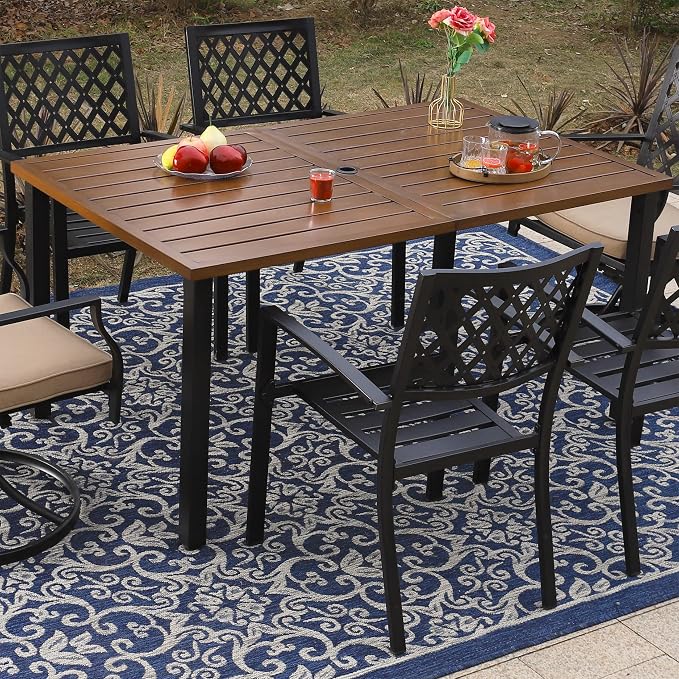 SUNSHINE VALLEY Patio Dining Set,Wood-Like Metal Table w/Umbrella Hole | 60x36 Metal Table&6 Pcs Rust-Proof Stackable Chairs, Outdoor Table and Chairs Set for Backyard Garden Deck