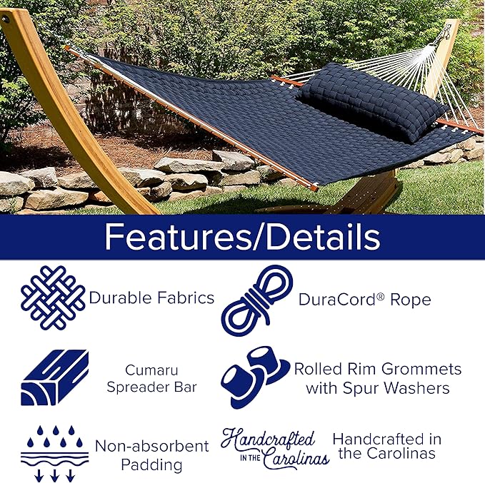 Hatteras Hammocks Navy Soft Weave Hammock with Free Extension Chains & Tree Hooks, Accommodates 2 People, 450 LB Weight Capacity, 13 ft. x 55 in.