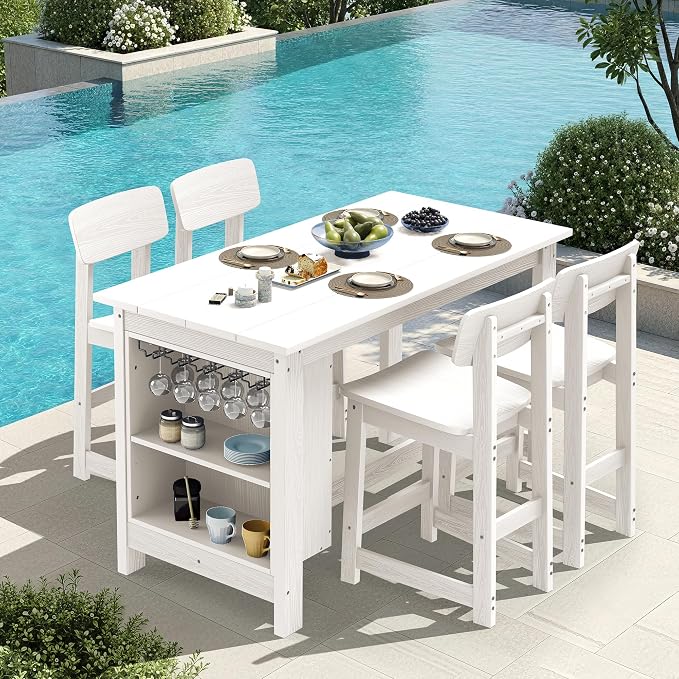 SERWALL Outdoor Bar Table, All Weather HDPE 36" Counter Height Dining Table with Storage and Wine Rack for Patio, Garden, Backyard, Balcony, Poolside, White