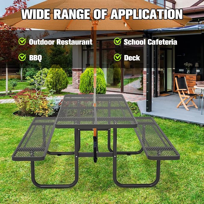 72'' Rectangular Steel Picnic Table for Outdoors,Commercial Metal Picnic Table with Umbrella Hole, Heavy Duty Sturdy Picnic Tables Furniture Set for Patio Garden Courtyard BBQ, Black