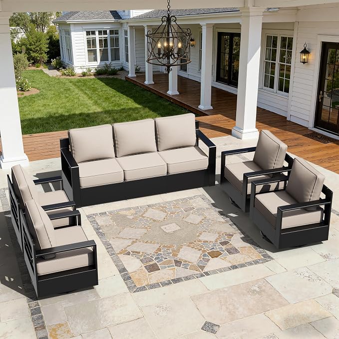 Outdoor Aluminum Furniture Set, 5-Piece Patio Conversation Set, 4 Swivel Chairs and 1 Sofa, All-Weather Metal Frame, 6" Thick Removable Cushions, Deep Setting for Garden, Poolside and Porch
