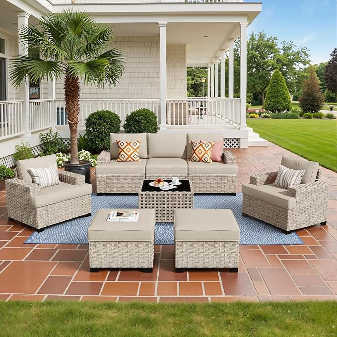 Weaxty 8 Pieces Outdoor Furniture Set, Patio Sectional Sofa Wide Seats Couch Chair with Ottoman Solar Table, Thick Cushion All-Weather Rattan Patio Conversation Sets for Backyard Porch Deck, Beige
