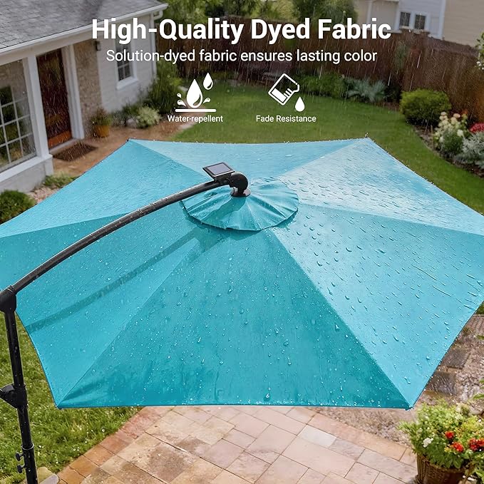 10ft Offset Patio Umbrella with Solar Light Strips,Outdoor Cantilever Hanging Umbrella with Cross Base, Fade Resistant Recycled Fabric, for Pool, Deck, Garden,Backyard,
