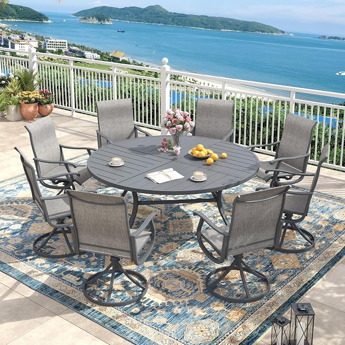 60" Outdoor Dining Table with Adjustable Umbrella Hole, Metal Slatted Round Patio Dining Table for Backyard Garden Deck, Dark Grey